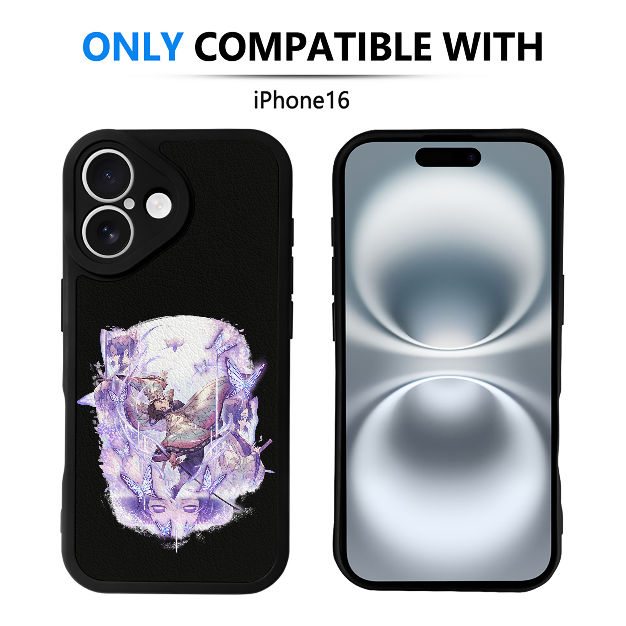 （画像用） 鬼滅の刃（きめつのやいば）蟲柱-胡蝶 しのぶ／こちょう しのぶ Kochou Shinobu 【iPhone 16シリーズ対応】シリコンスマホケース（レザー調） 材質：シリコン